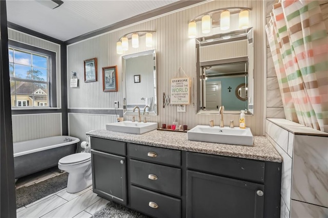 bathroom featuring vanity, toilet, and a tub