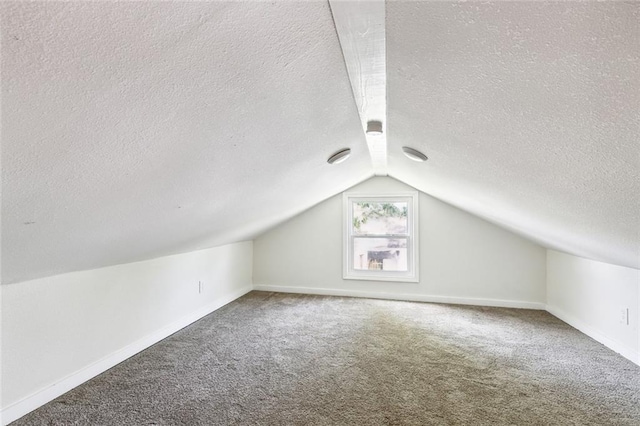 additional living space with carpet, a textured ceiling, and vaulted ceiling