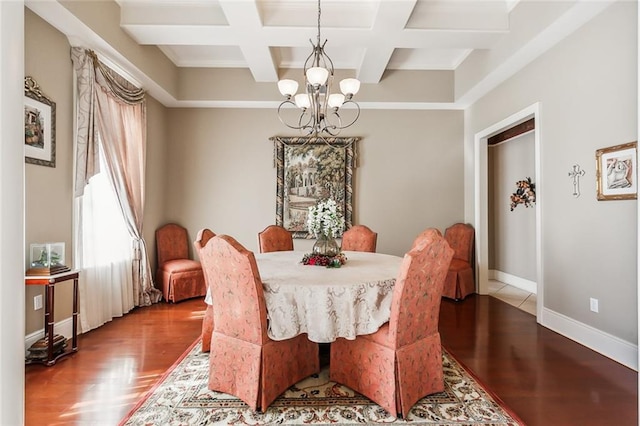 dining area featuring light hardwood / wood-style flooring, beamed ceiling, a chandelier, and coffered ceiling