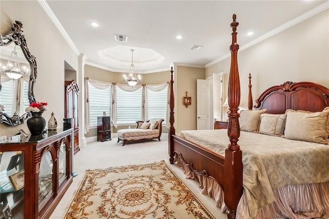 carpeted bedroom featuring crown molding and a chandelier