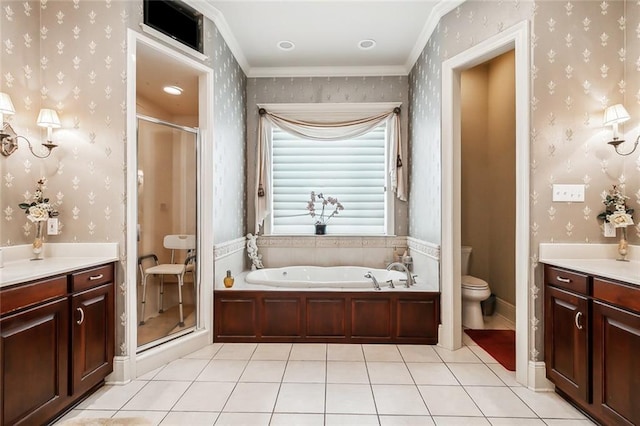 full bathroom featuring toilet, separate shower and tub, tile patterned floors, and crown molding