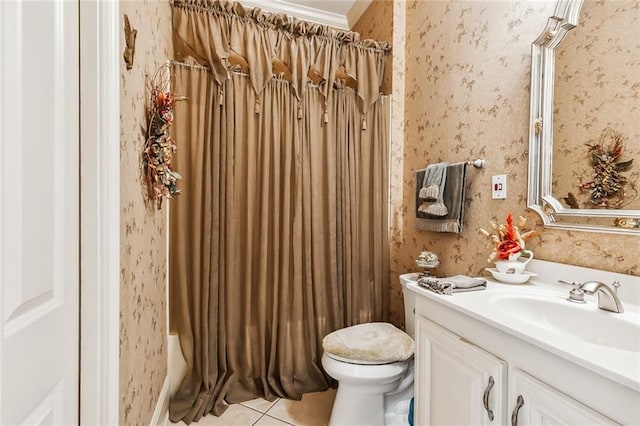 full bathroom featuring tile patterned flooring, vanity, toilet, and shower / bath combo with shower curtain