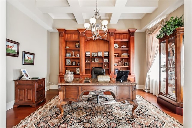 office space with dark hardwood / wood-style flooring, beamed ceiling, coffered ceiling, and an inviting chandelier