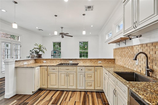 kitchen with decorative backsplash, ceiling fan, crown molding, sink, and wood-type flooring