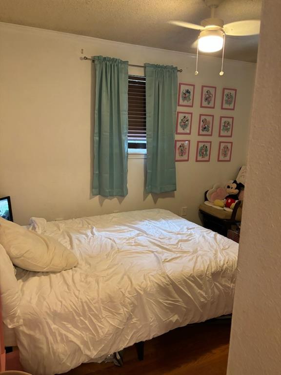 bedroom featuring ceiling fan and wood-type flooring