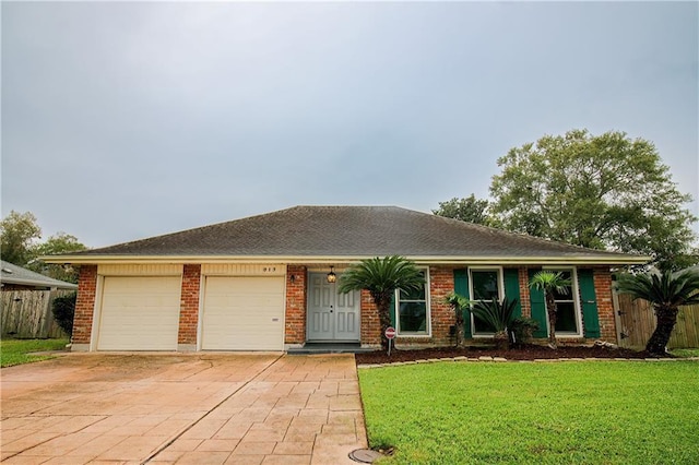 single story home with a front yard and a garage