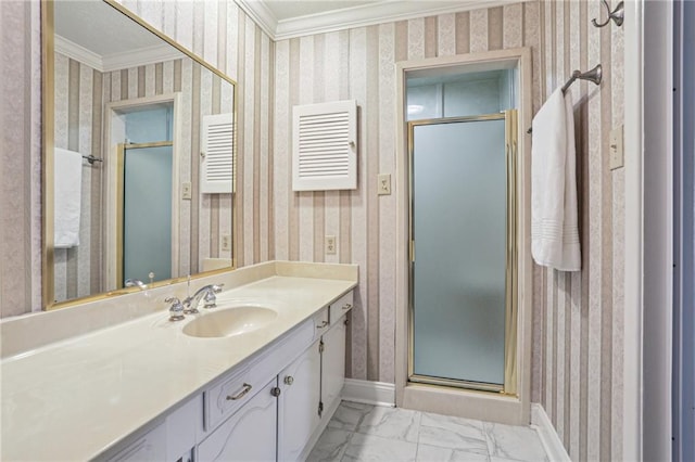 3733 Rockford Hts, Metairie, LA 70002 - bathroom with vanity, crown molding, and walk in shower