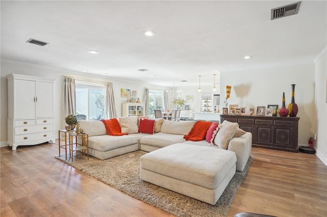 living room featuring crown molding and light hardwood / wood-style flooring