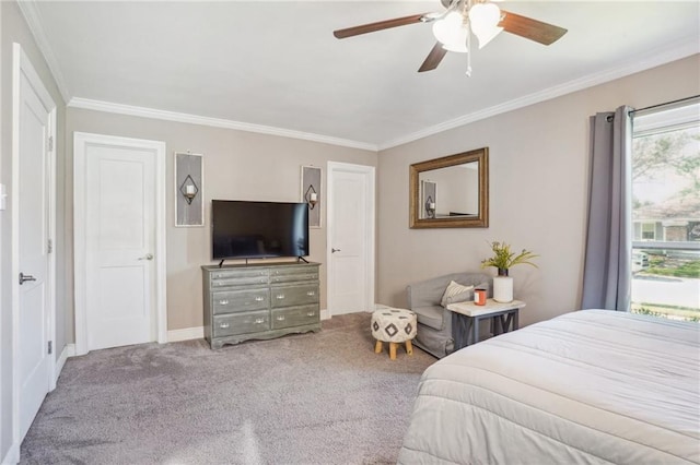 bedroom with carpet flooring, ceiling fan, and ornamental molding