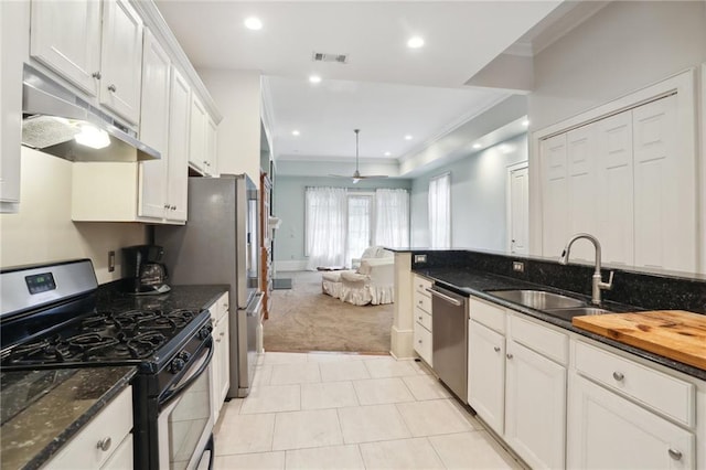 kitchen featuring light carpet, appliances with stainless steel finishes, crown molding, sink, and white cabinets