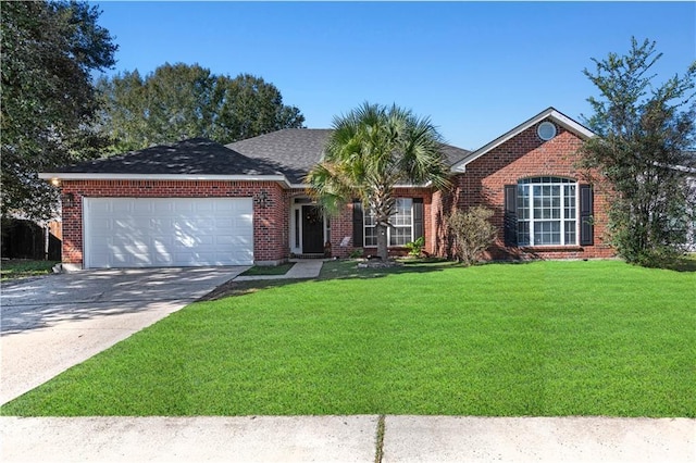 ranch-style house with a garage and a front yard