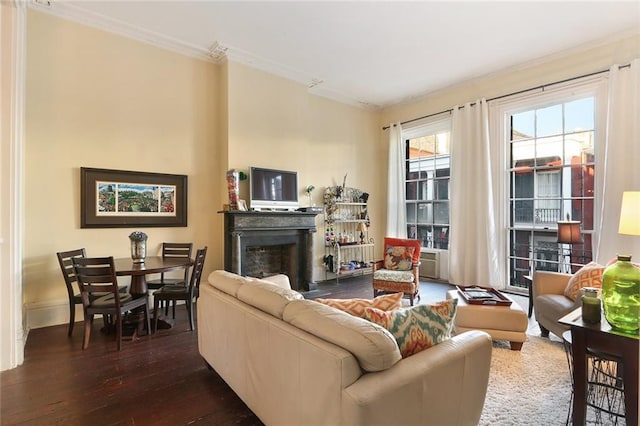 living room with crown molding and dark wood-type flooring