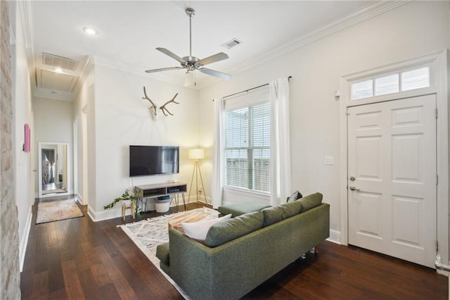 living room featuring dark hardwood / wood-style flooring, ceiling fan, and ornamental molding