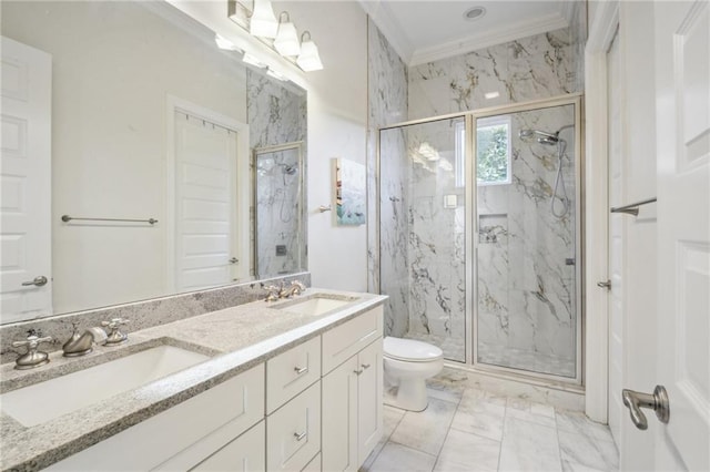 bathroom featuring toilet, a shower with shower door, and ornamental molding