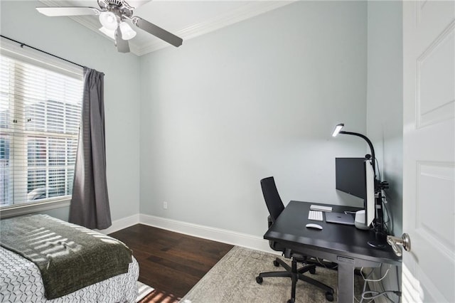 home office with dark hardwood / wood-style flooring, ceiling fan, and ornamental molding