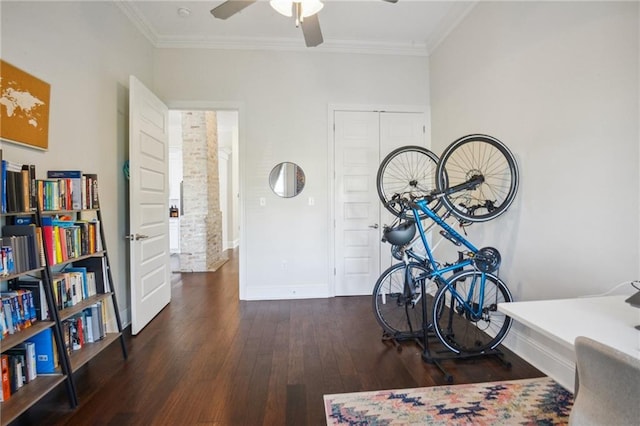 interior space with crown molding, ceiling fan, and dark hardwood / wood-style floors