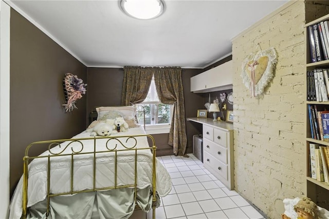 tiled bedroom featuring crown molding