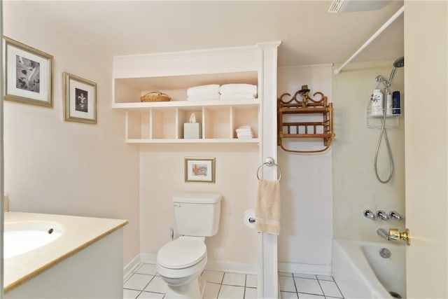 full bathroom featuring toilet, bathtub / shower combination, vanity, and tile patterned floors