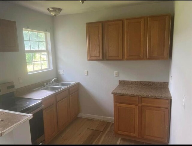 kitchen featuring stove, light hardwood / wood-style flooring, and sink