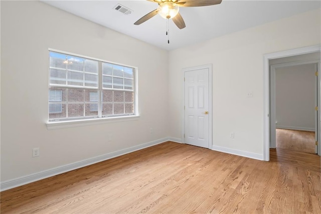 unfurnished bedroom with light hardwood / wood-style flooring and ceiling fan