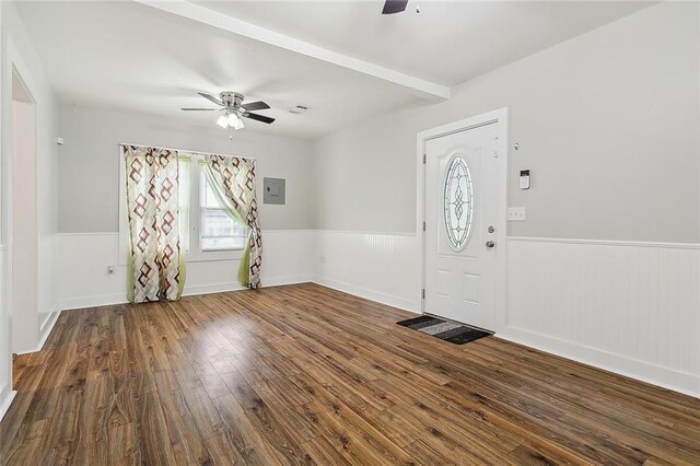 entryway with hardwood / wood-style flooring, ceiling fan, and electric panel