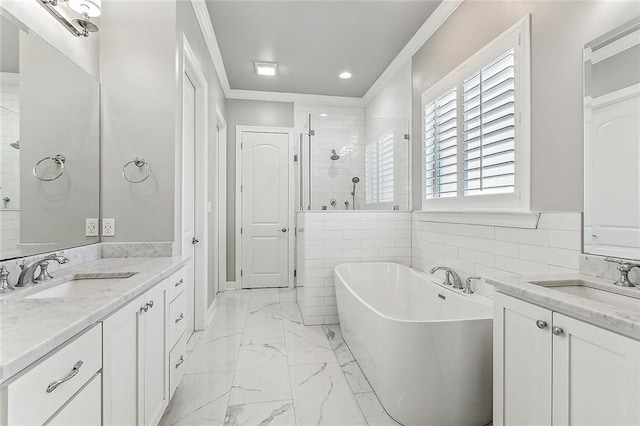 bathroom featuring independent shower and bath, vanity, and crown molding