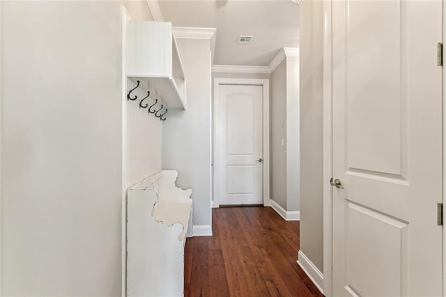 mudroom with crown molding and dark hardwood / wood-style flooring