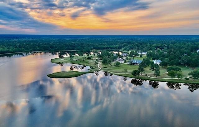 aerial view at dusk featuring a water view