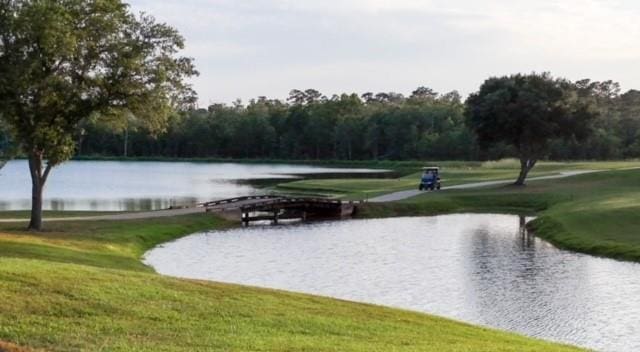 view of property's community with a water view and a yard