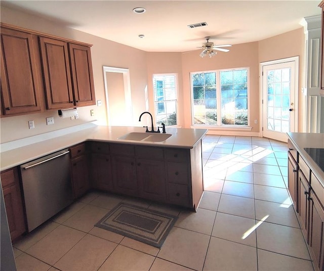 kitchen featuring ceiling fan, visible vents, dishwasher, a sink, and a peninsula