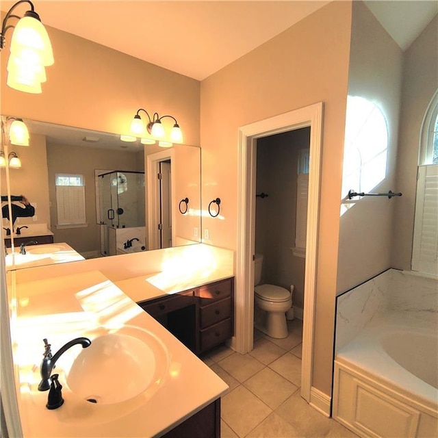 full bathroom featuring toilet, shower with separate bathtub, tile patterned flooring, lofted ceiling, and vanity