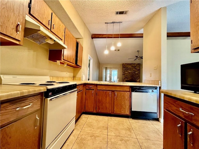 kitchen with ceiling fan, dishwasher, white range, lofted ceiling, and decorative light fixtures