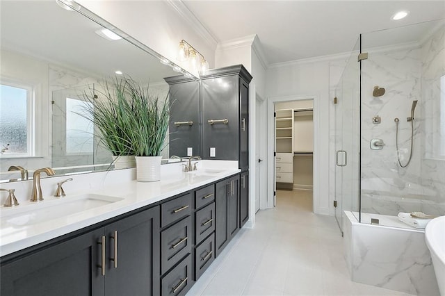 bathroom featuring crown molding, vanity, and plus walk in shower