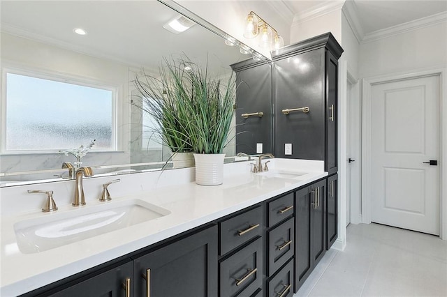 bathroom with vanity, tile patterned flooring, and ornamental molding