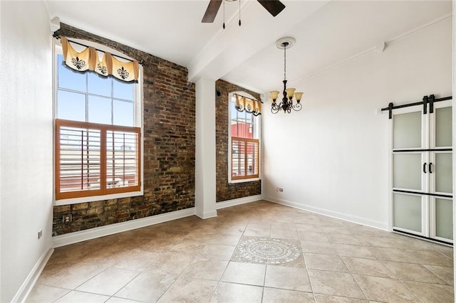 unfurnished dining area featuring ceiling fan with notable chandelier, a barn door, light tile patterned flooring, and brick wall