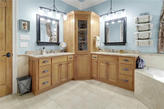 bathroom featuring tile patterned flooring, vanity, a relaxing tiled tub, and ornamental molding