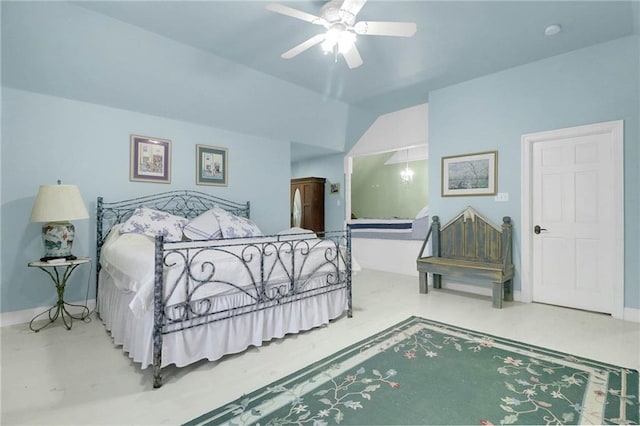 bedroom with vaulted ceiling and ceiling fan