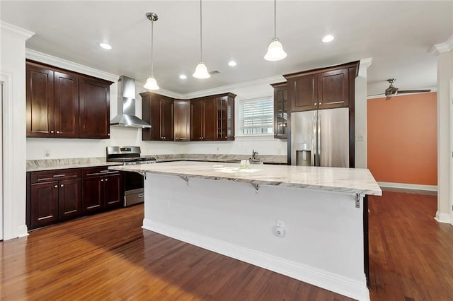 6128 Campus Blvd, New Orleans, LA 70126 - kitchen with wall chimney exhaust hood, stainless steel appliances, ornamental molding, a center island, and dark wood-type flooring