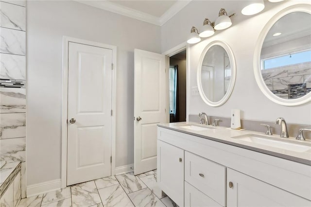 6128 Campus Blvd, New Orleans, LA 70126 - full bath featuring marble finish floors, crown molding, double vanity, and baseboards