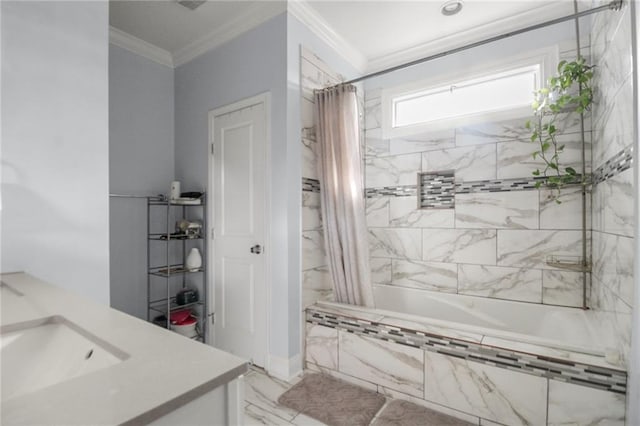 bathroom featuring shower / tub combo, vanity, and ornamental molding