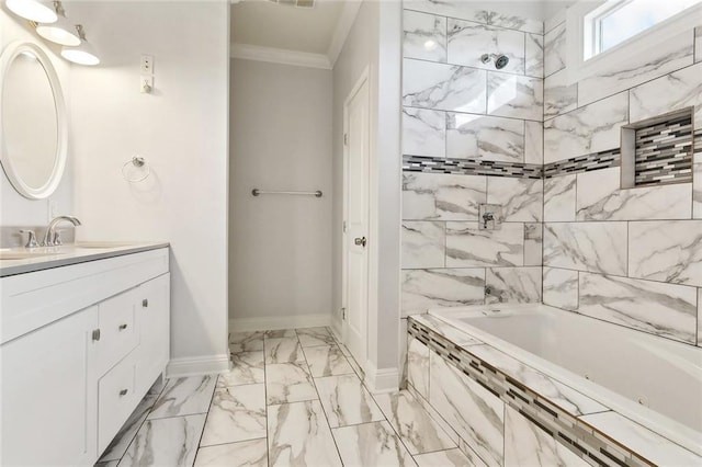 6128 Campus Blvd, New Orleans, LA 70126 - full bath with ornamental molding, marble finish flooring, vanity,  shower combination, and baseboards