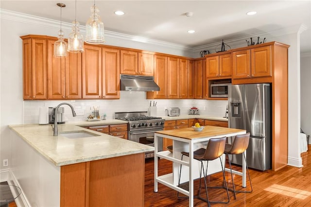 kitchen featuring hanging light fixtures, kitchen peninsula, sink, appliances with stainless steel finishes, and wood-type flooring