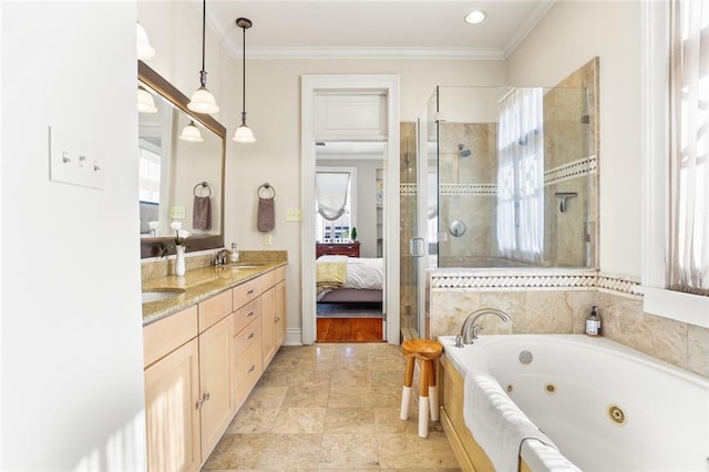 bathroom featuring shower with separate bathtub, vanity, crown molding, and a healthy amount of sunlight