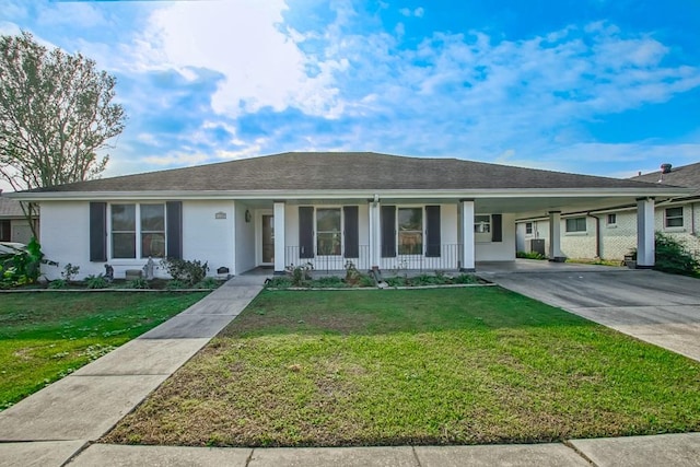 single story home with covered porch, a carport, and a front yard