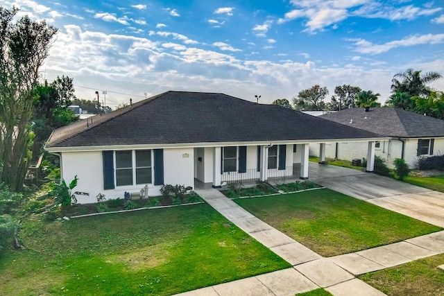 single story home featuring a front yard, a porch, and a carport