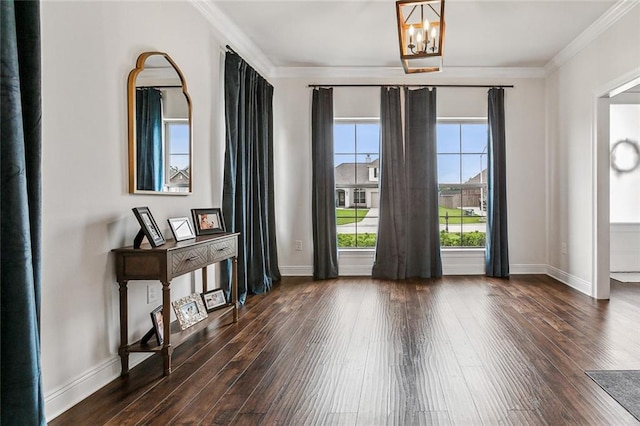 doorway to outside featuring dark hardwood / wood-style flooring, a chandelier, and ornamental molding