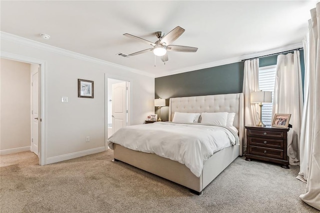 bedroom featuring ceiling fan, crown molding, and light carpet