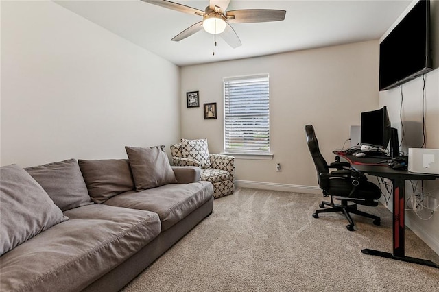 office featuring carpet floors and ceiling fan