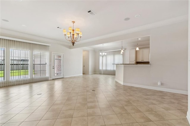 unfurnished living room with visible vents, ornamental molding, an inviting chandelier, and light tile patterned flooring