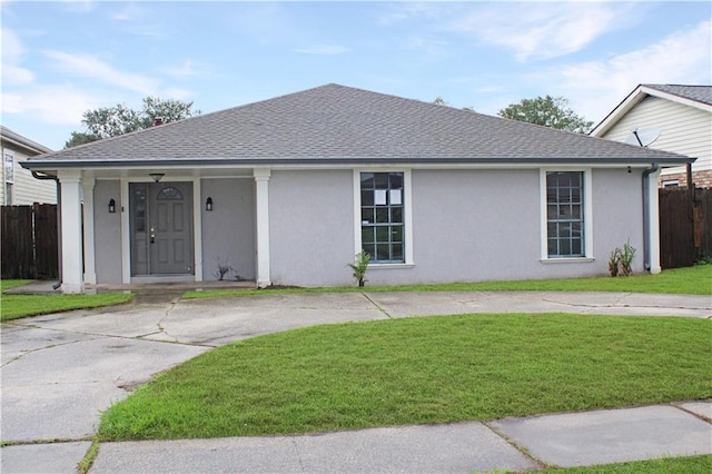 single story home with a front lawn and a porch